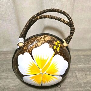 Coconut Shell Hawaiian Hand Painted Purse Yellow Hibiscus Small New